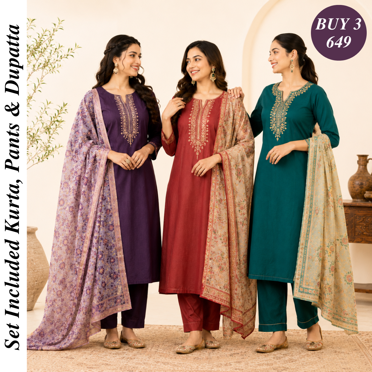 Pack Of 3 Beautiful Cotton Kurta Set with Dupatta (BCK-4)