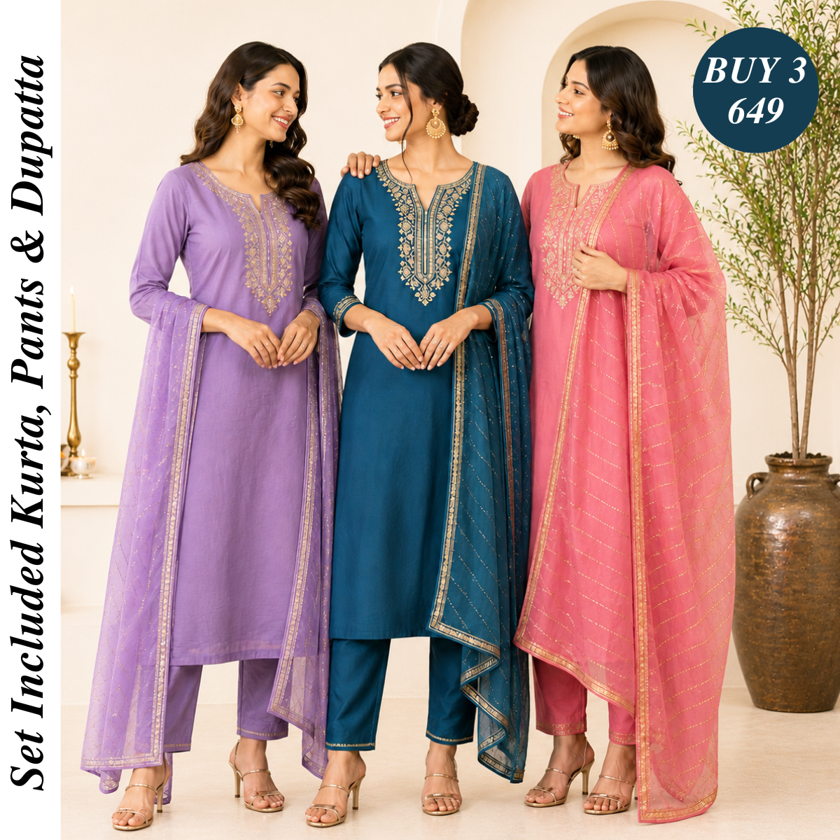 Pack Of 3 Beautiful Cotton Kurta Set with Dupatta (BCK-3)