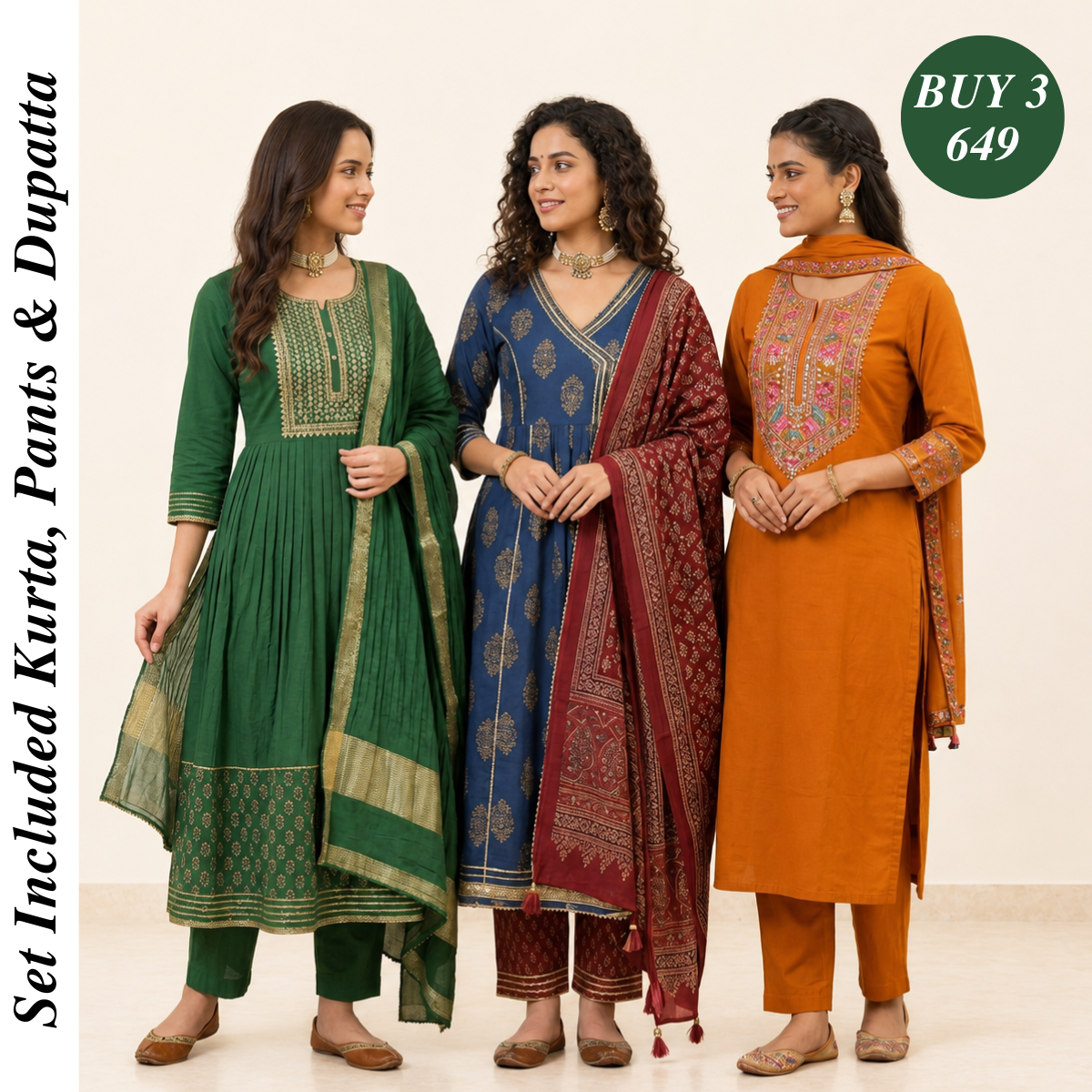 Pack Of 3 Beautiful Cotton Kurta Set with Dupatta (BCK-2)