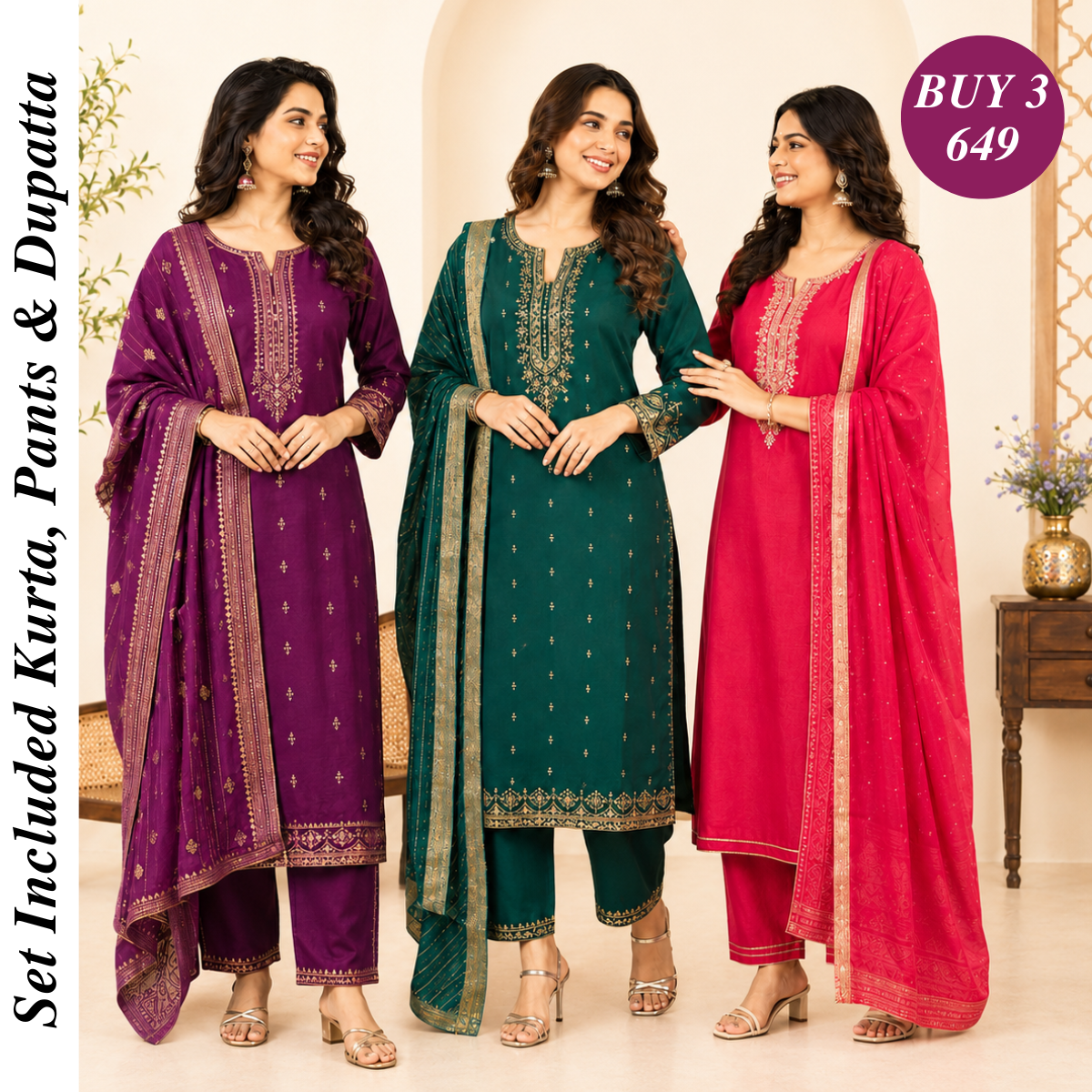 Pack Of 3 Beautiful Cotton Kurta Set with Dupatta (BCK-5)