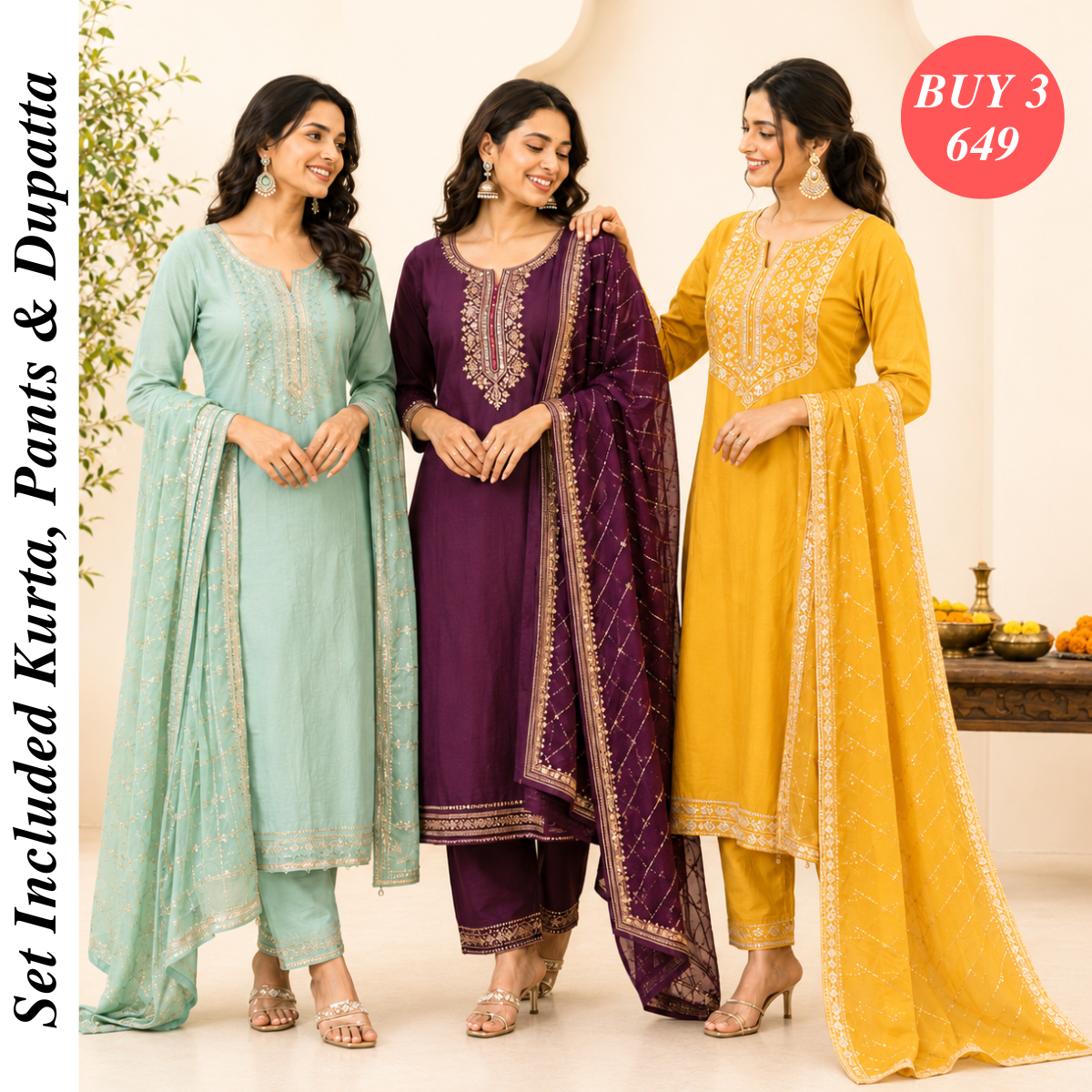 Pack Of 3 Beautiful Cotton Kurta Set with Dupatta (BCK-6)