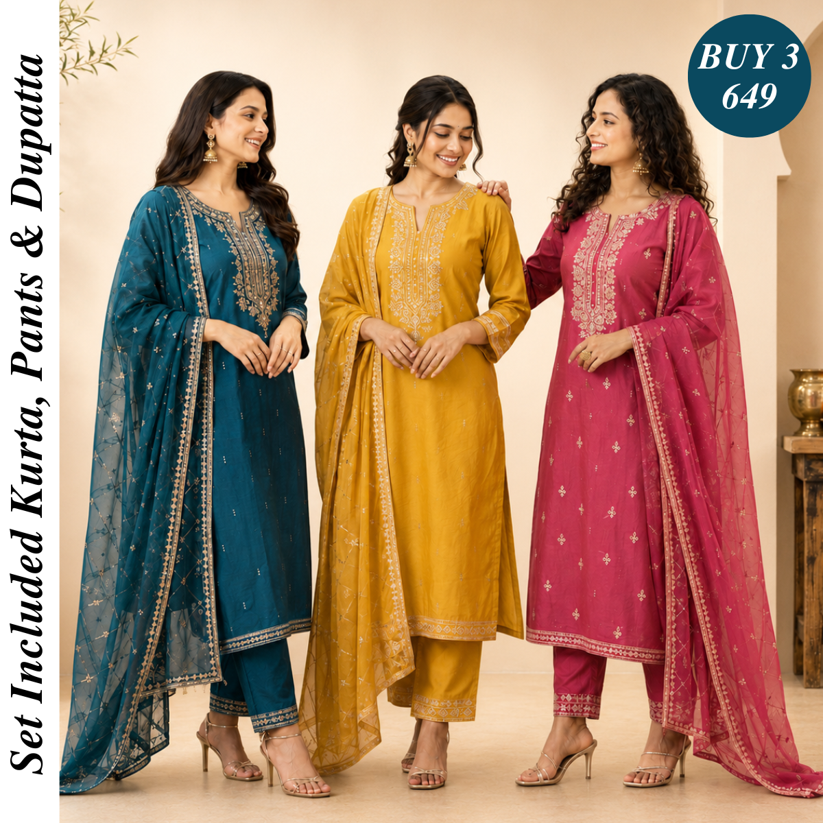 Pack Of 3 Beautiful Cotton Kurta Set with Dupatta (BCK-8)