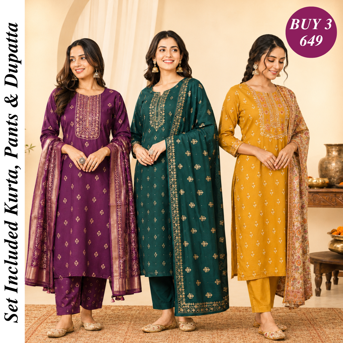 Pack Of 3 Beautiful Cotton Kurta Set with Dupatta (BCK-9)