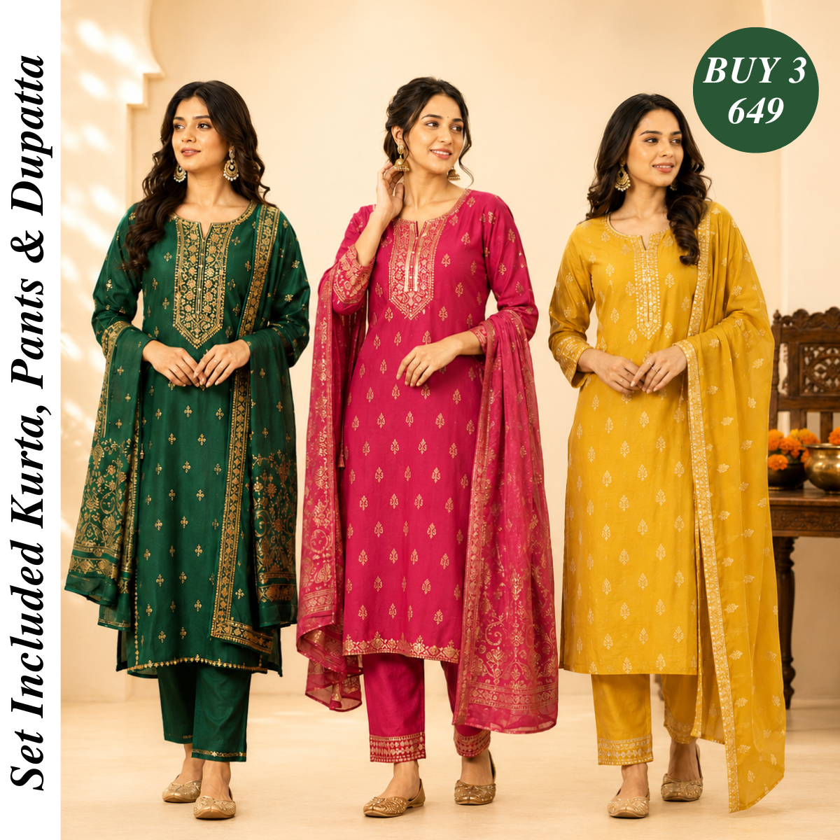 Pack Of 3 Beautiful Cotton Kurta Set with Dupatta (BCK-10)