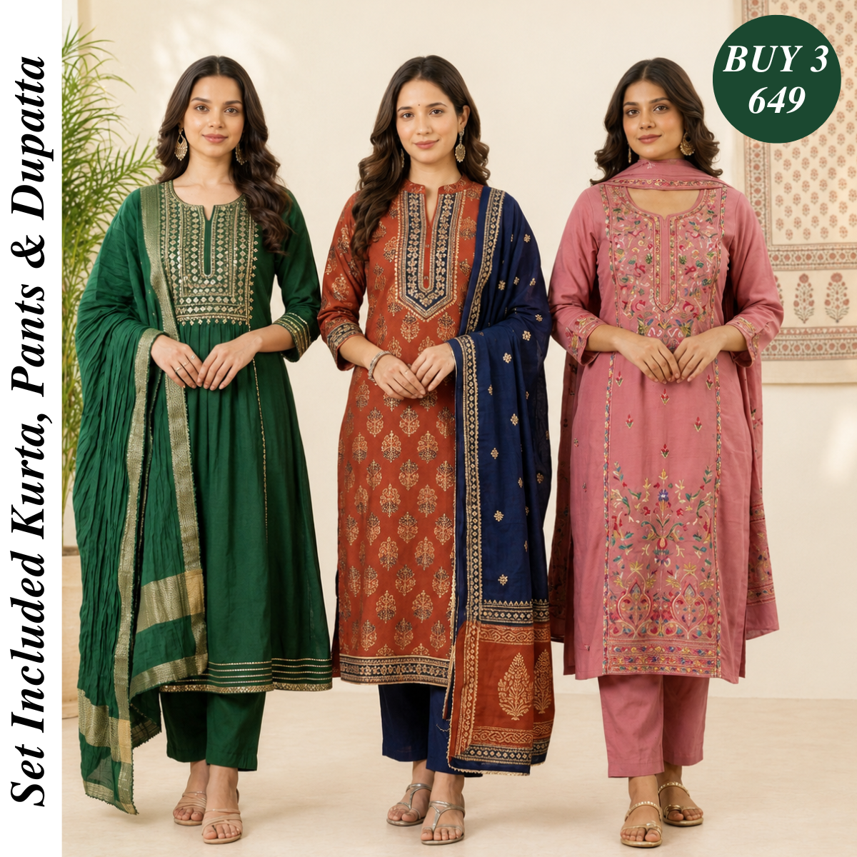 Pack Of 3 Beautiful Cotton Kurta Set with Dupatta (BCK-1)