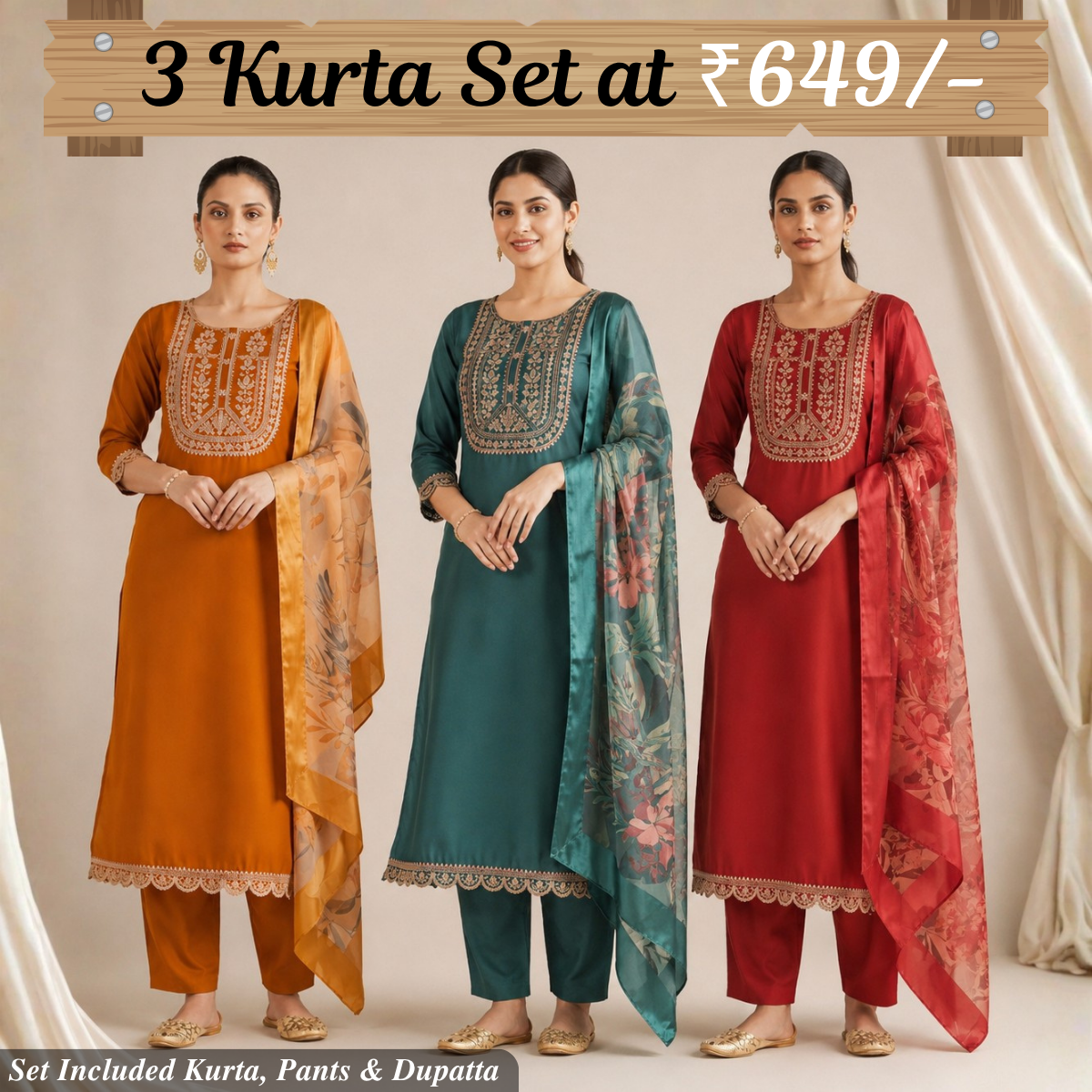 Pack Of 3 Elegant Cotton Kurta Set for Women with Dupatta (KBK-5)