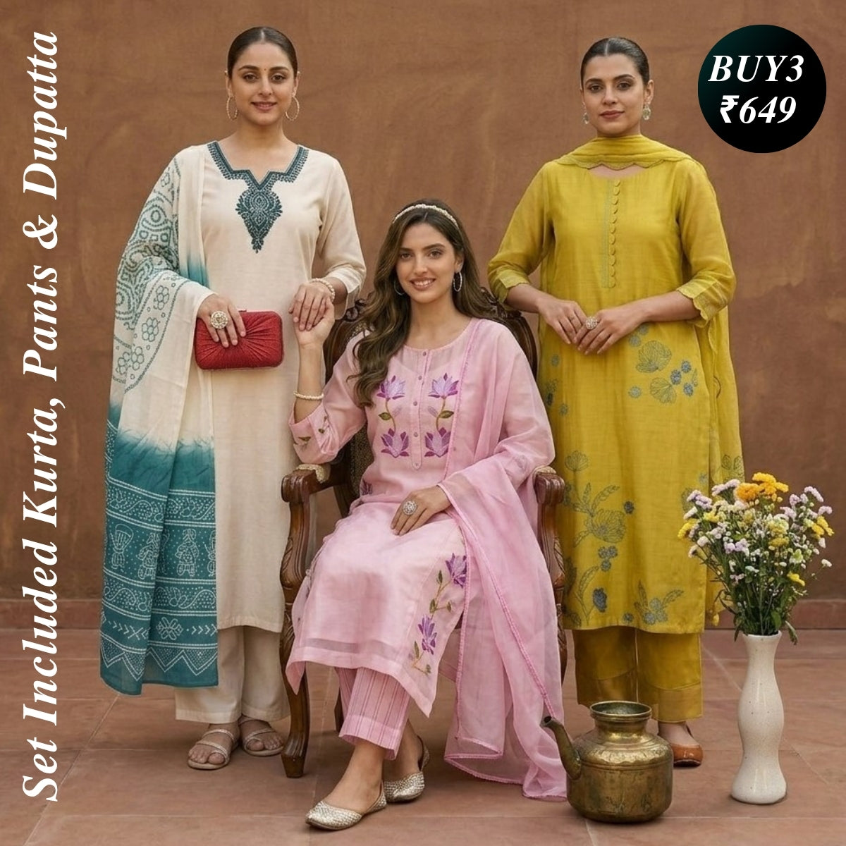 Pack of 3 Kurta Pant Set with Dupatta (DMK-8)