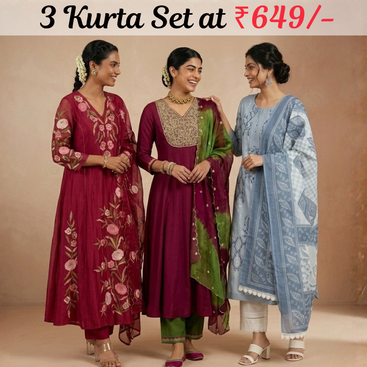 Pack Of 3 Kurta Set with Dupatta (KS-2)