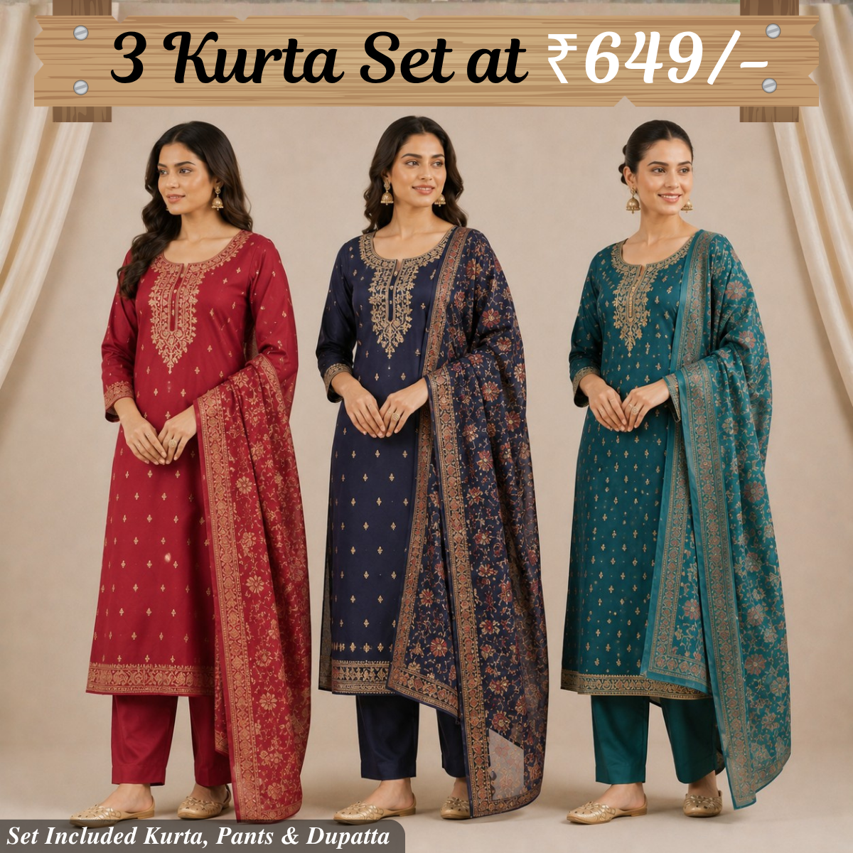 Pack Of 3 Elegant Cotton Kurta Set for Women with Dupatta (KBK-4)