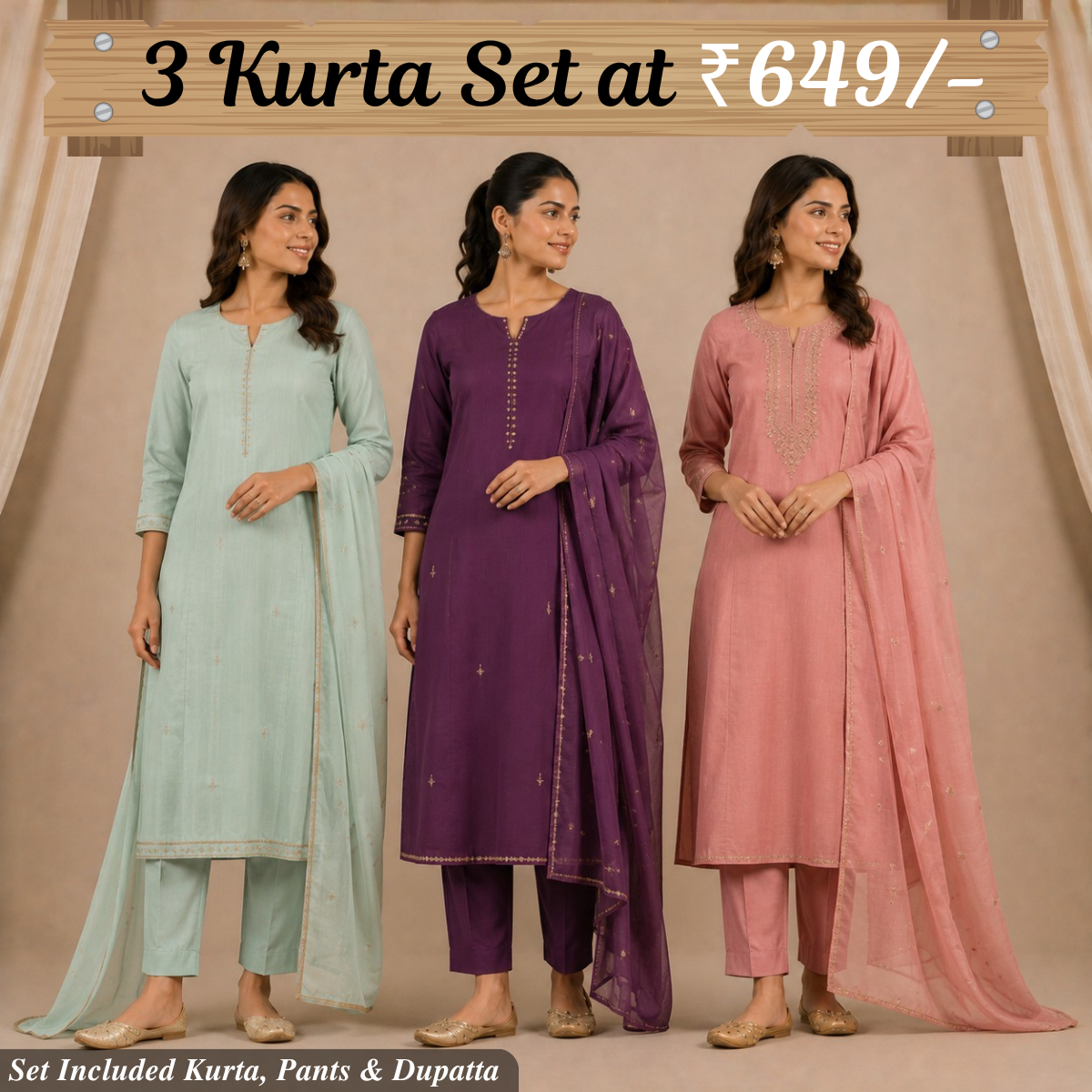 Pack Of 3 Elegant Cotton Kurta Set for Women with Dupatta (KBK-6)