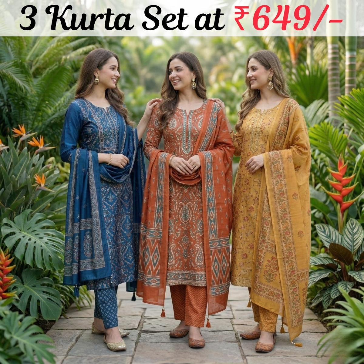 Pack of 3 Women’s Designer Kurta Sets – Ethnic Kurta Pant Dupatta Set for Women (P3K-5)