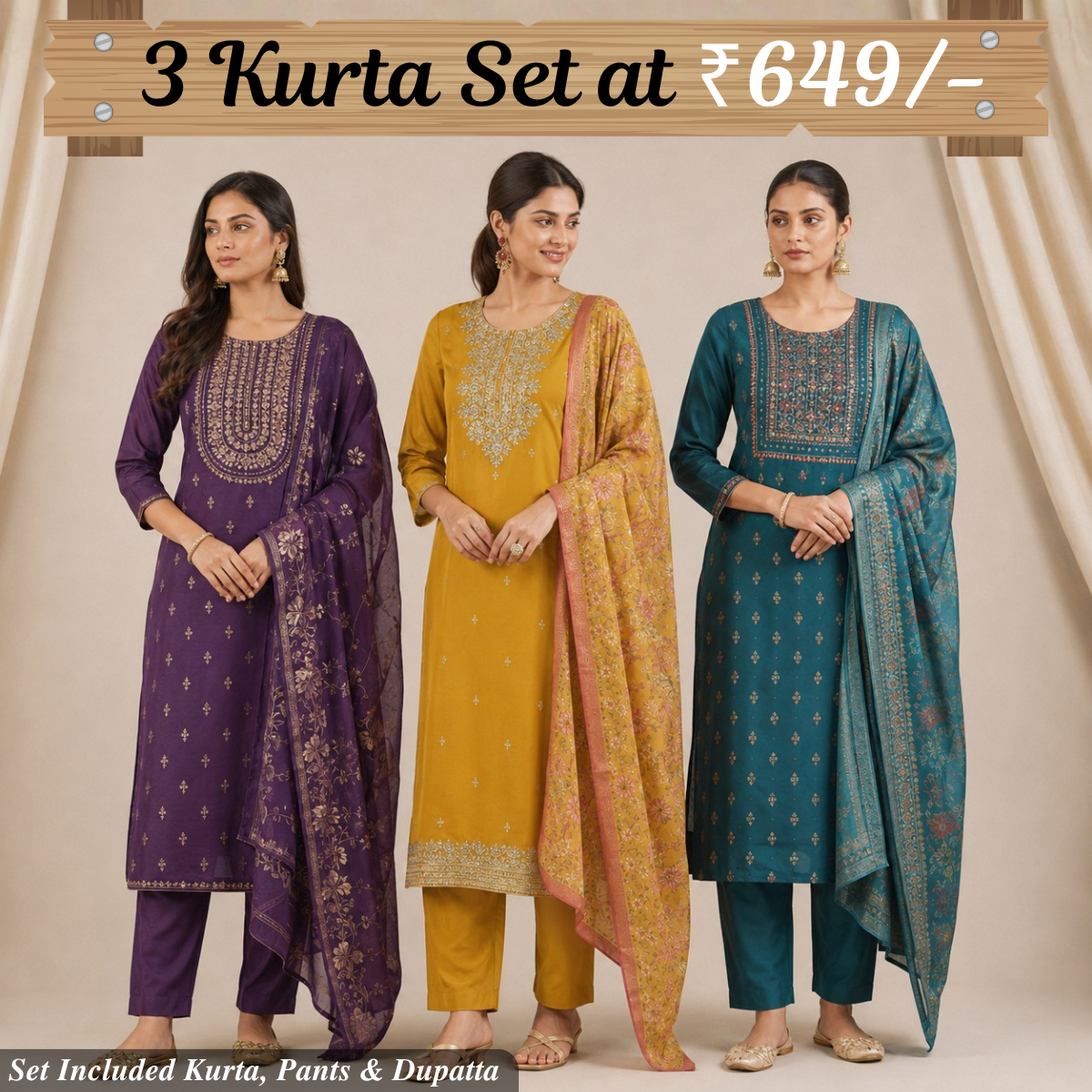 Pack Of 3 Elegant Cotton Kurta Set for Women with Dupatta (KBK-7)