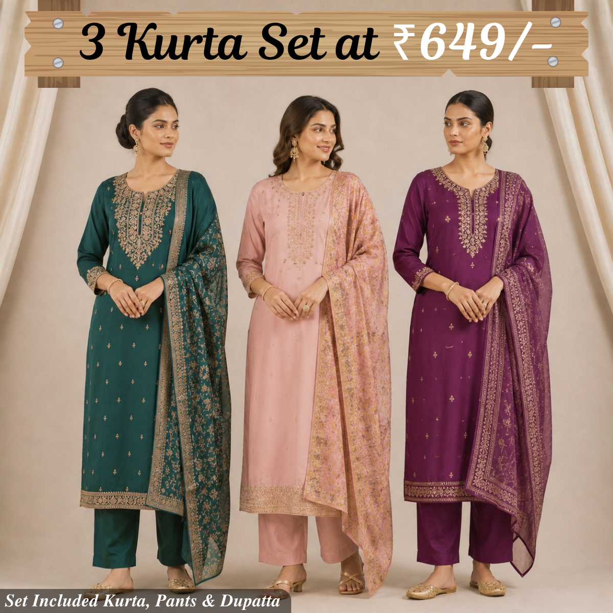 Pack Of 3 Elegant Cotton Kurta Set for Women with Dupatta (KBK-1)