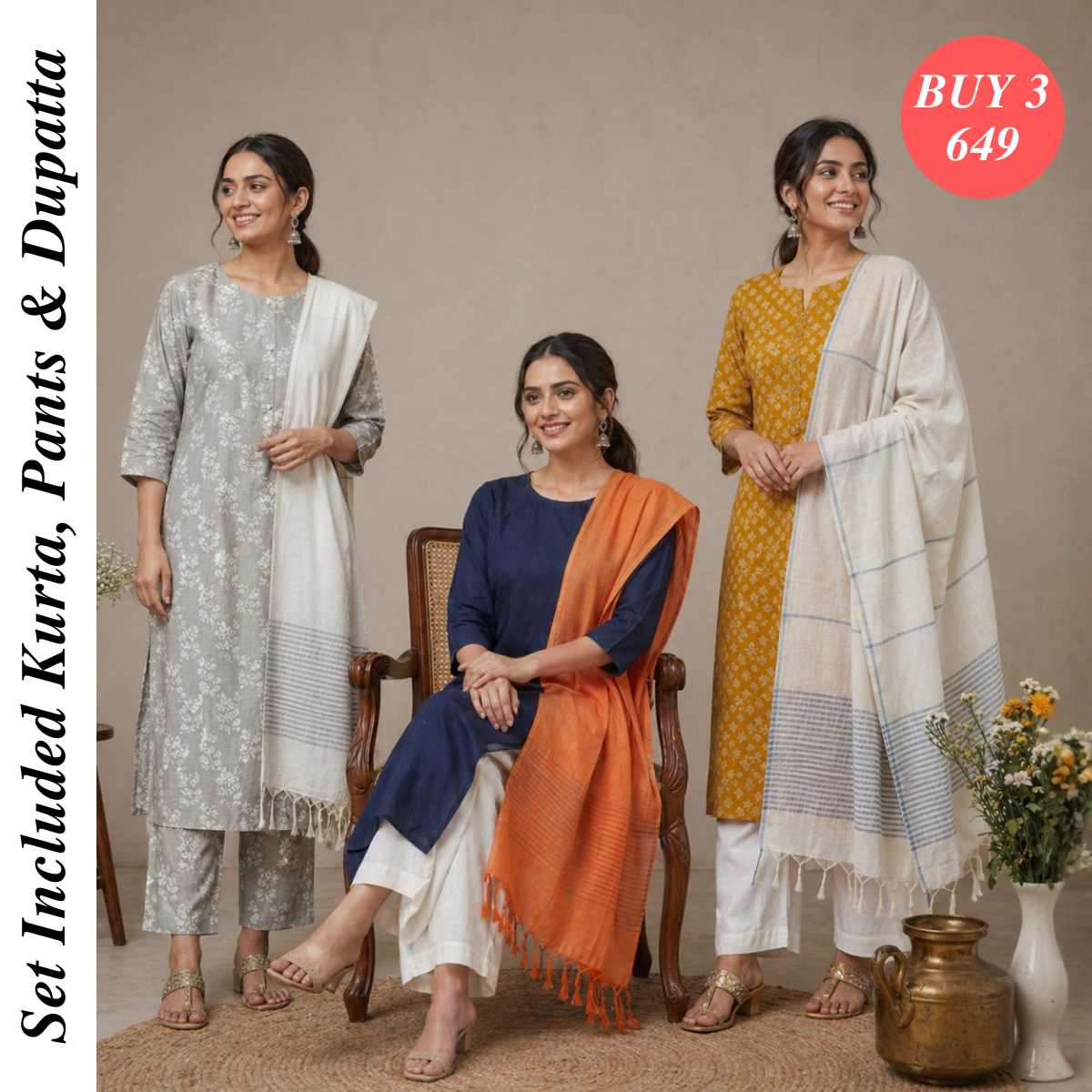 Pack Of 3 Cotton Elegant Ethnic Kurta Set with Dupatta for Women (CK-01)