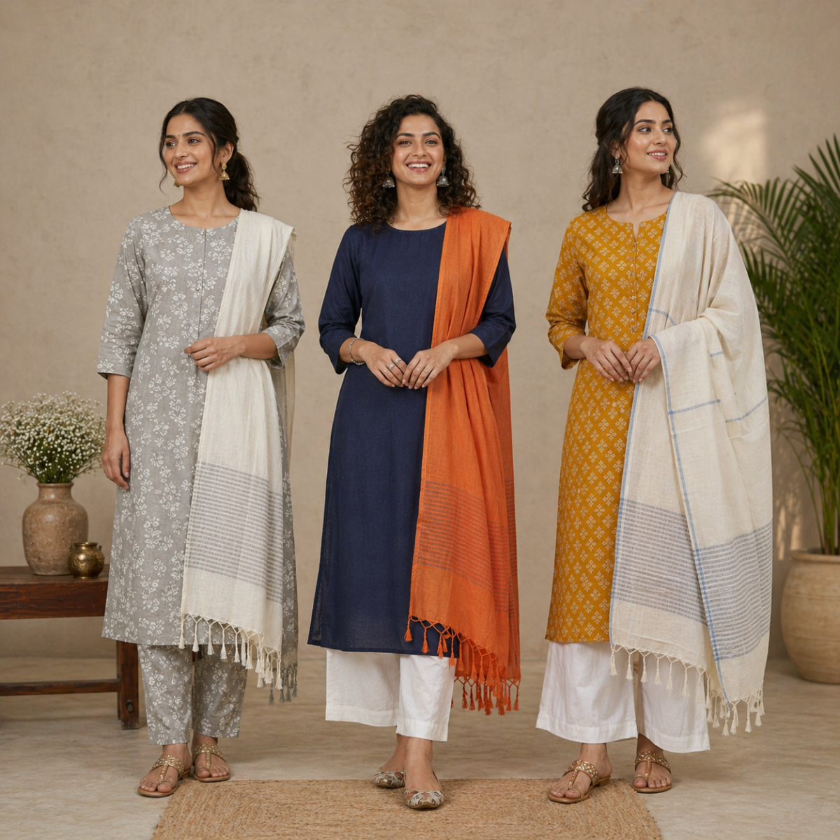 Pack Of 3 Cotton Elegant Ethnic Kurta Set with Dupatta for Women (CK-01)