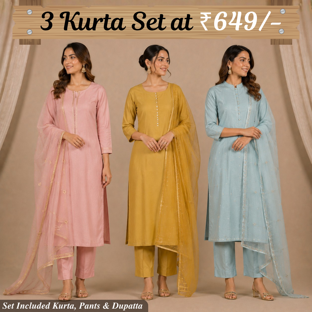 Pack Of 3 Elegant Cotton Kurta Set for Women with Dupatta (KBK-8)