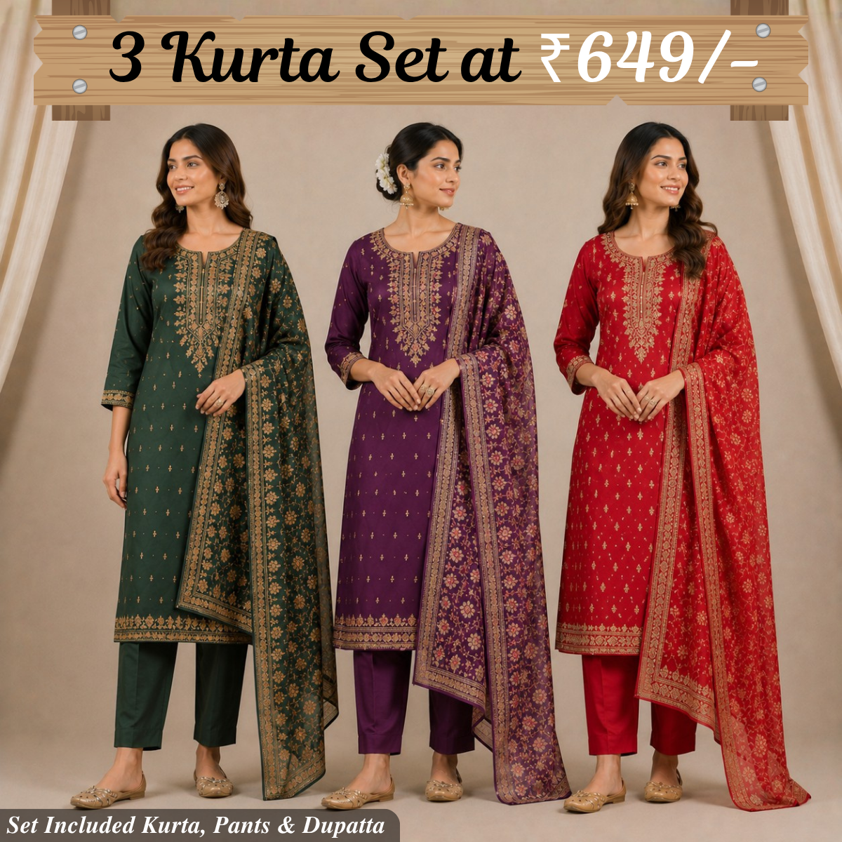 Pack Of 3 Elegant Cotton Kurta Set for Women with Dupatta (KBK-9)