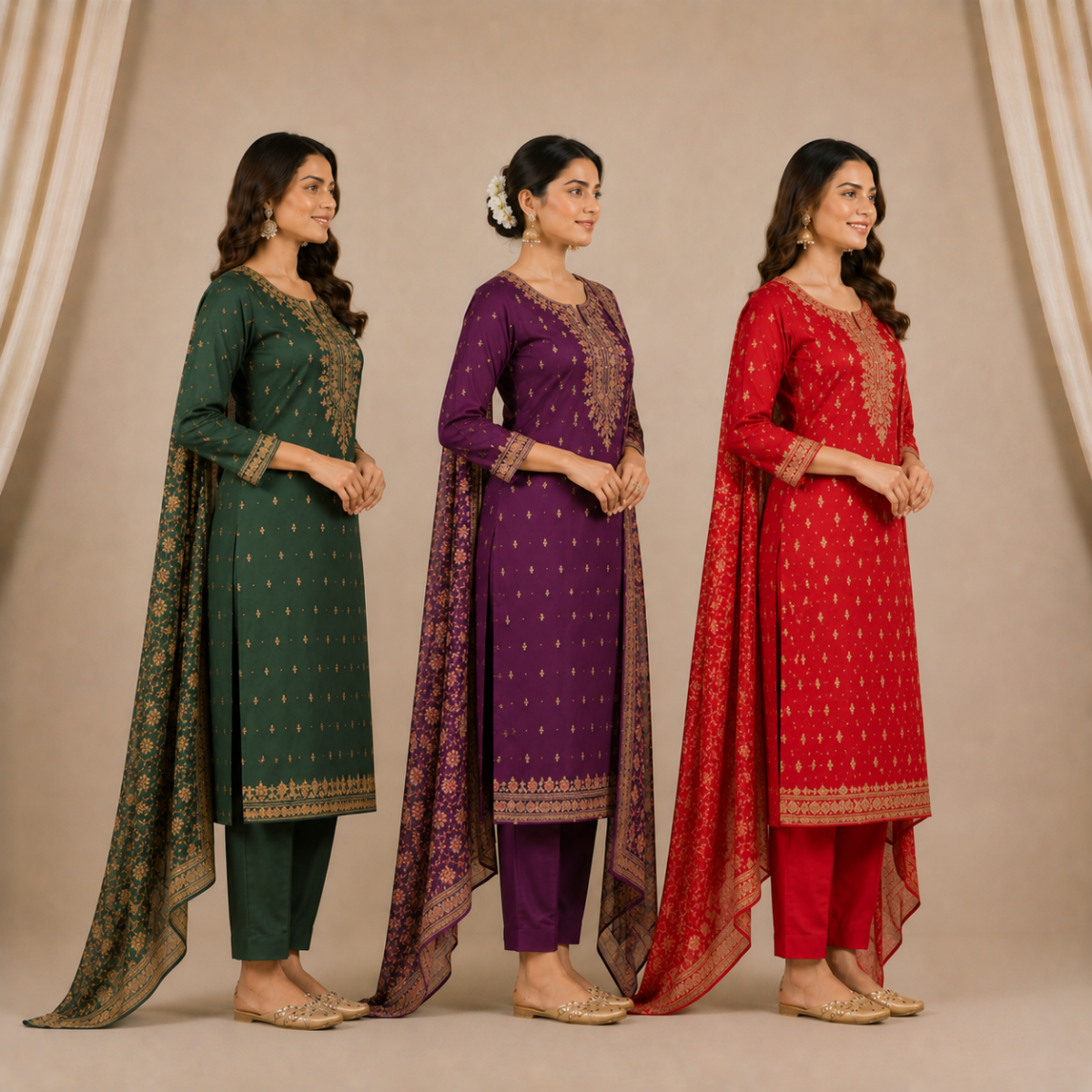 Pack Of 3 Elegant Cotton Kurta Set for Women with Dupatta (KBK-9)