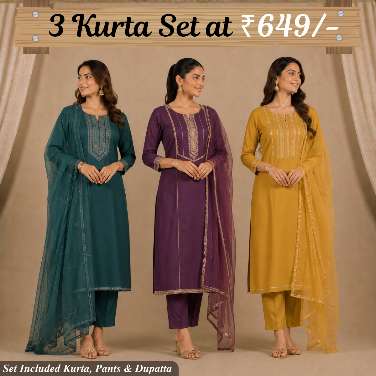 Pack Of 3 Elegant Cotton Kurta Set for Women with Dupatta (KBK-10)