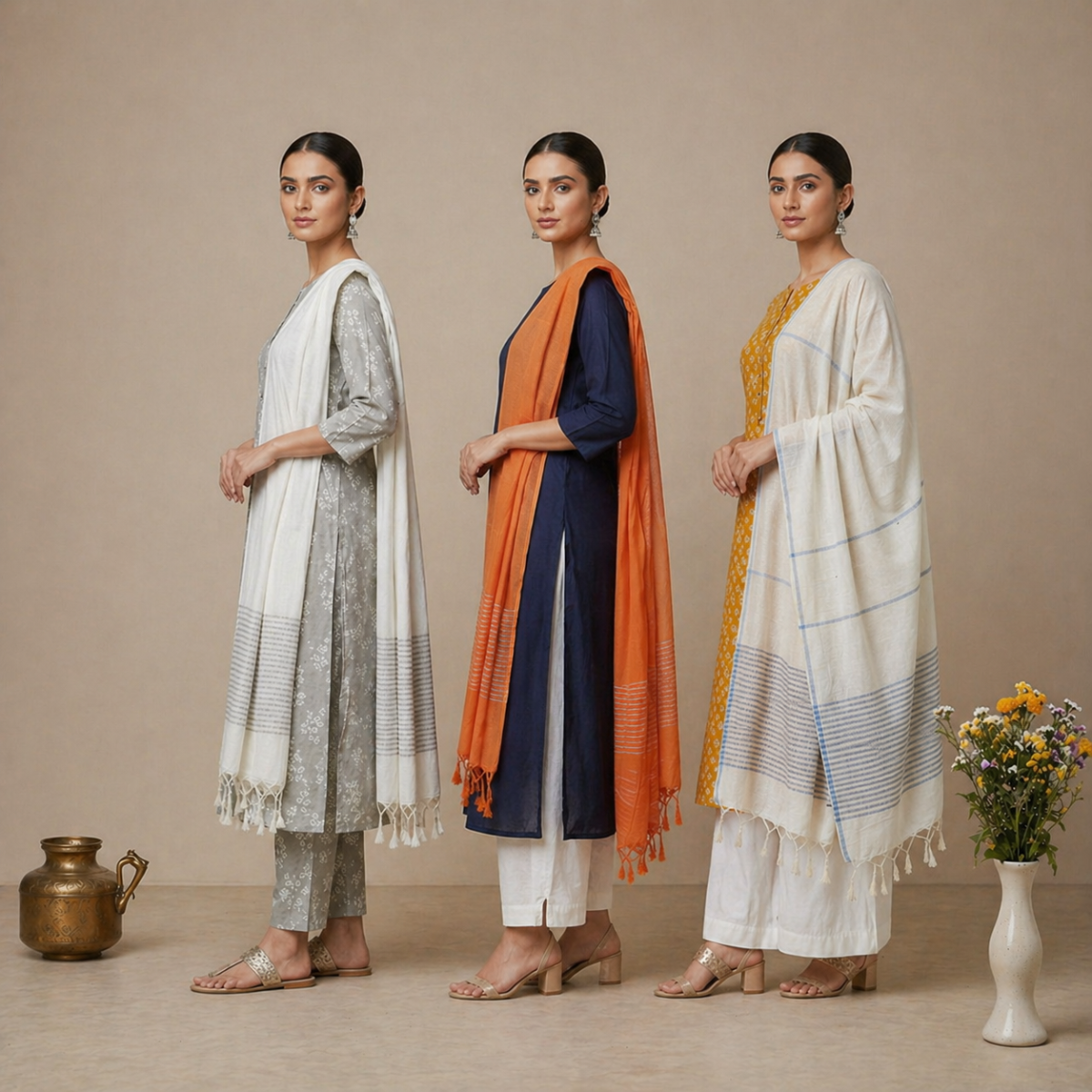 Pack Of 3 Cotton Elegant Ethnic Kurta Set with Dupatta for Women (CK-01)
