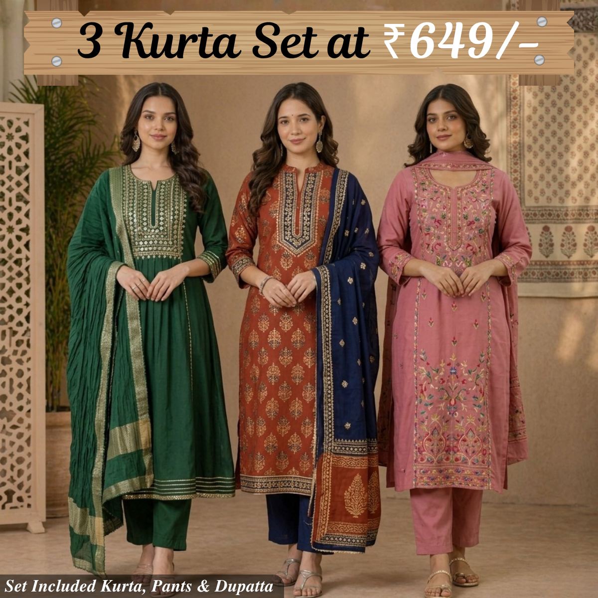 Pack Of 3 Beautiful Cotton Kurta Set with Dupatta (BCK-1)