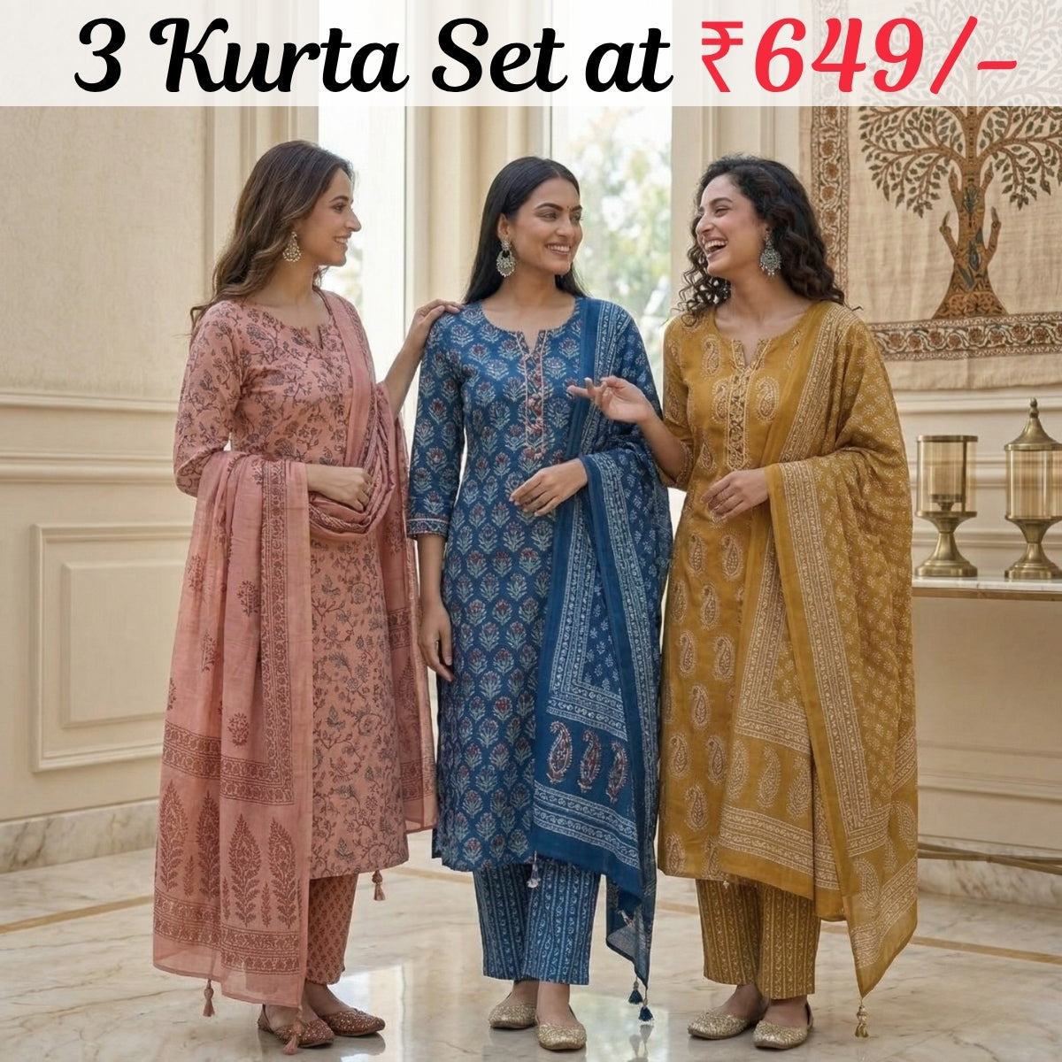 Pack of 3 Women’s Designer Kurta Sets – Ethnic Kurta Pant Dupatta Set for Women (P3K-8)