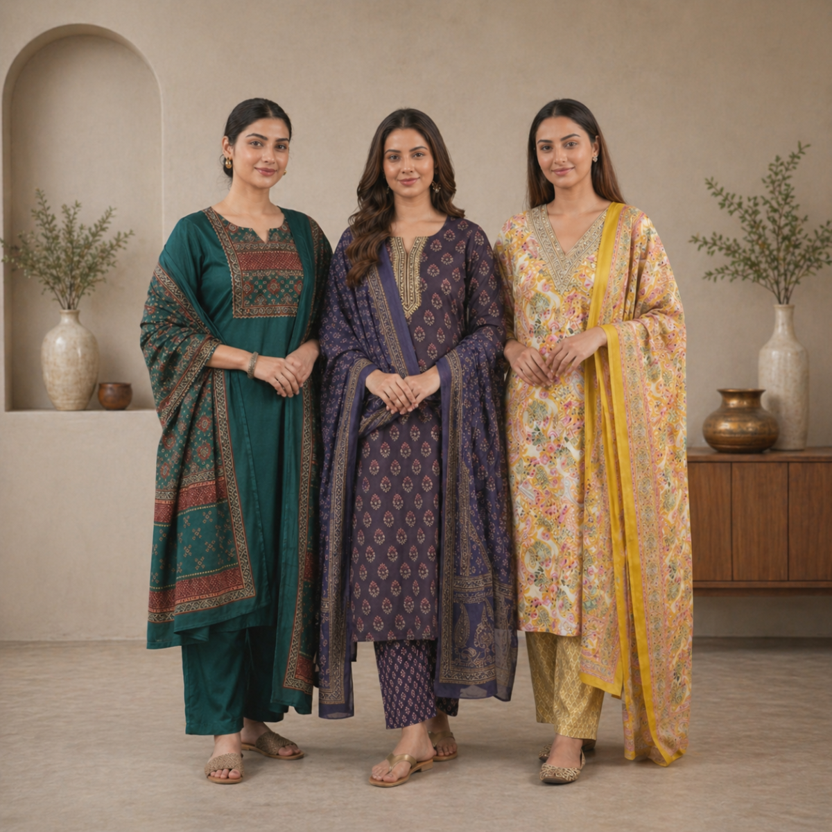 Pack Of 3 Cotton Elegant Ethnic Kurta Set with Dupatta for Women (CK-09)