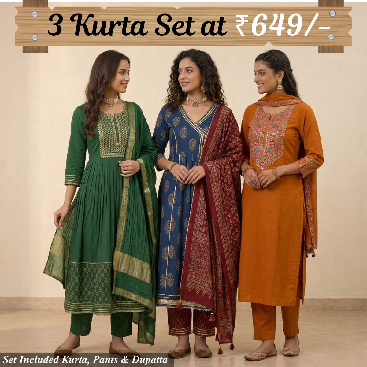 Pack Of 3 Beautiful Cotton Kurta Set with Dupatta (BCK-2)