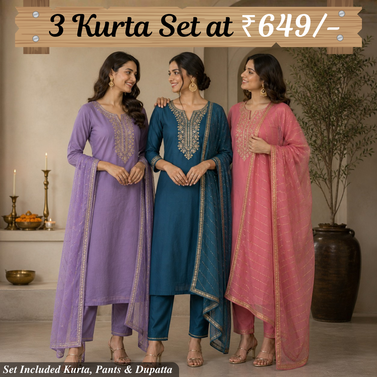 Pack Of 3 Beautiful Cotton Kurta Set with Dupatta (BCK-3)