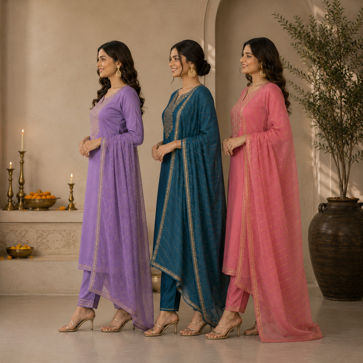 Pack Of 3 Beautiful Cotton Kurta Set with Dupatta (BCK-3)