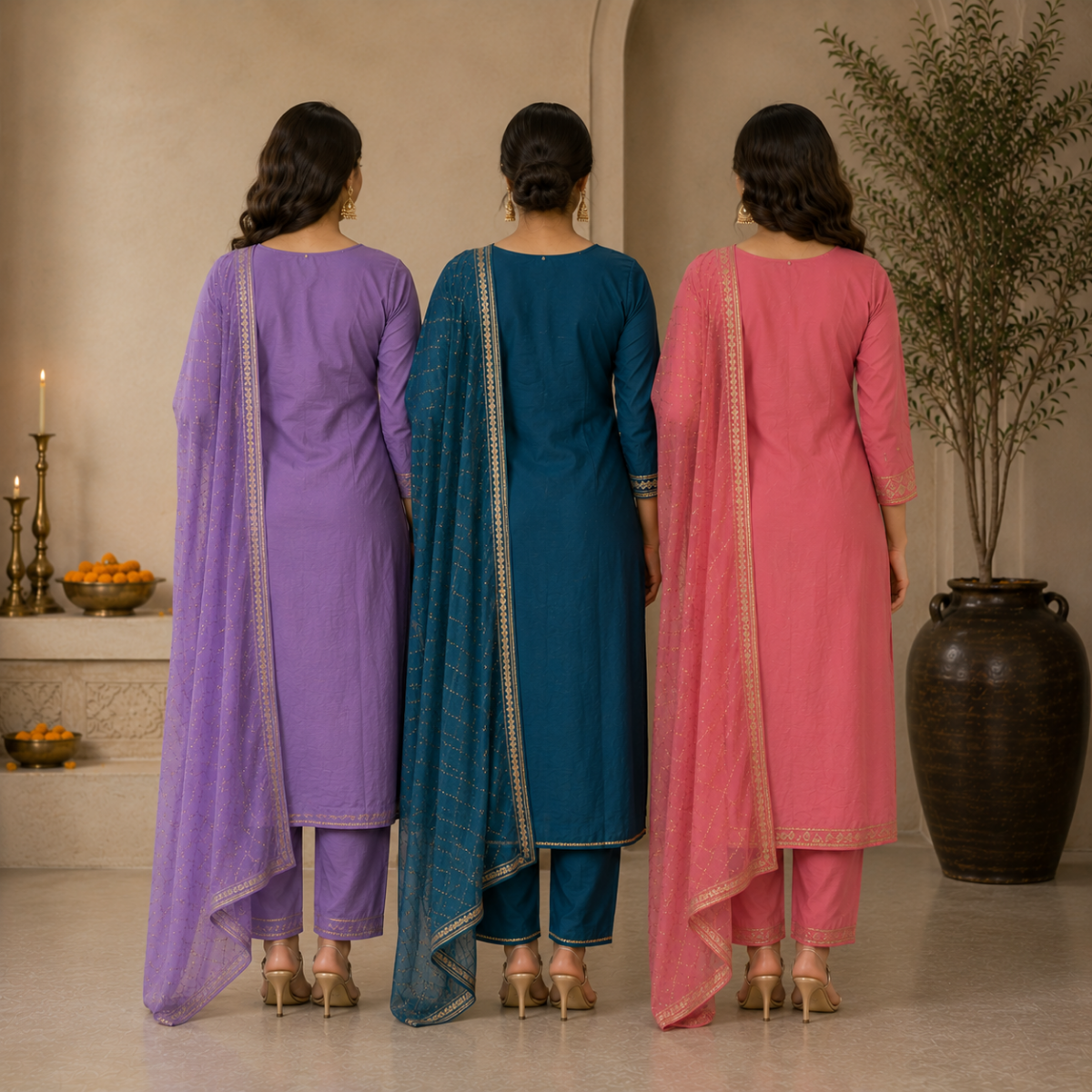 Pack Of 3 Beautiful Cotton Kurta Set with Dupatta (BCK-3)