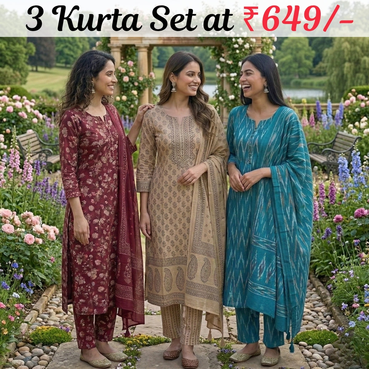 Pack of 3 Women’s Designer Kurta Sets – Ethnic Kurta Pant Dupatta Set for Women (P3K-6)