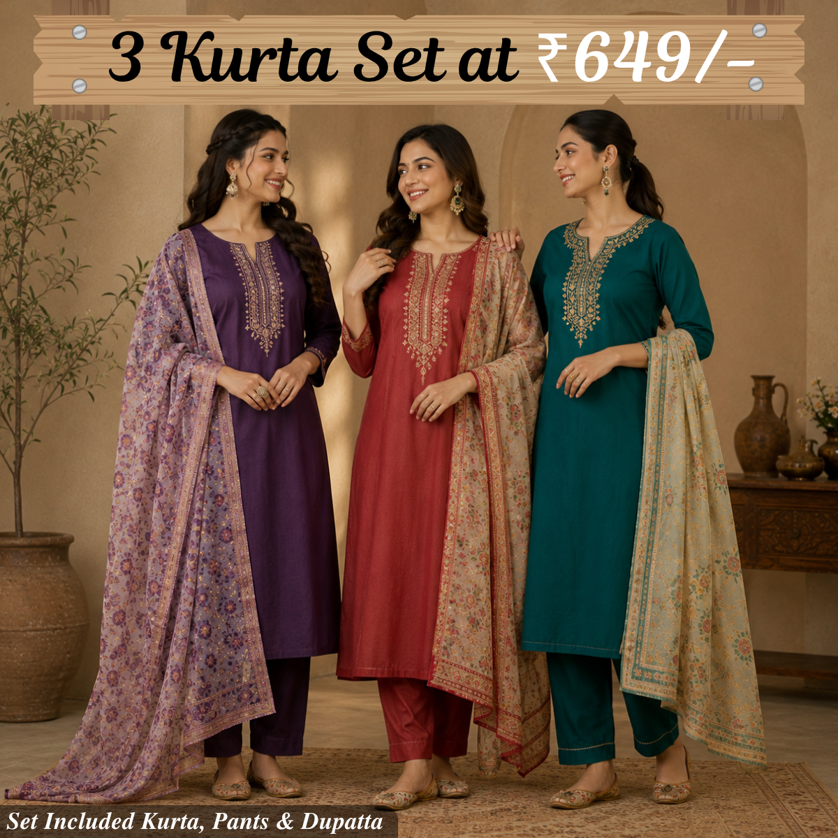 Pack Of 3 Beautiful Cotton Kurta Set with Dupatta (BCK-4)
