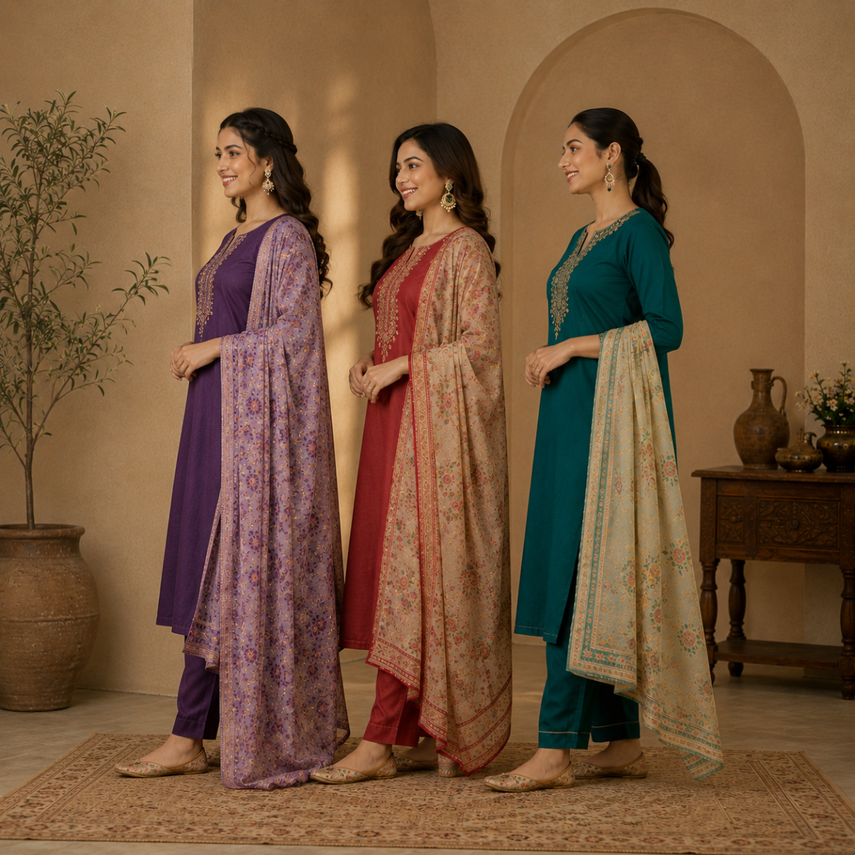 Pack Of 3 Beautiful Cotton Kurta Set with Dupatta (BCK-4)