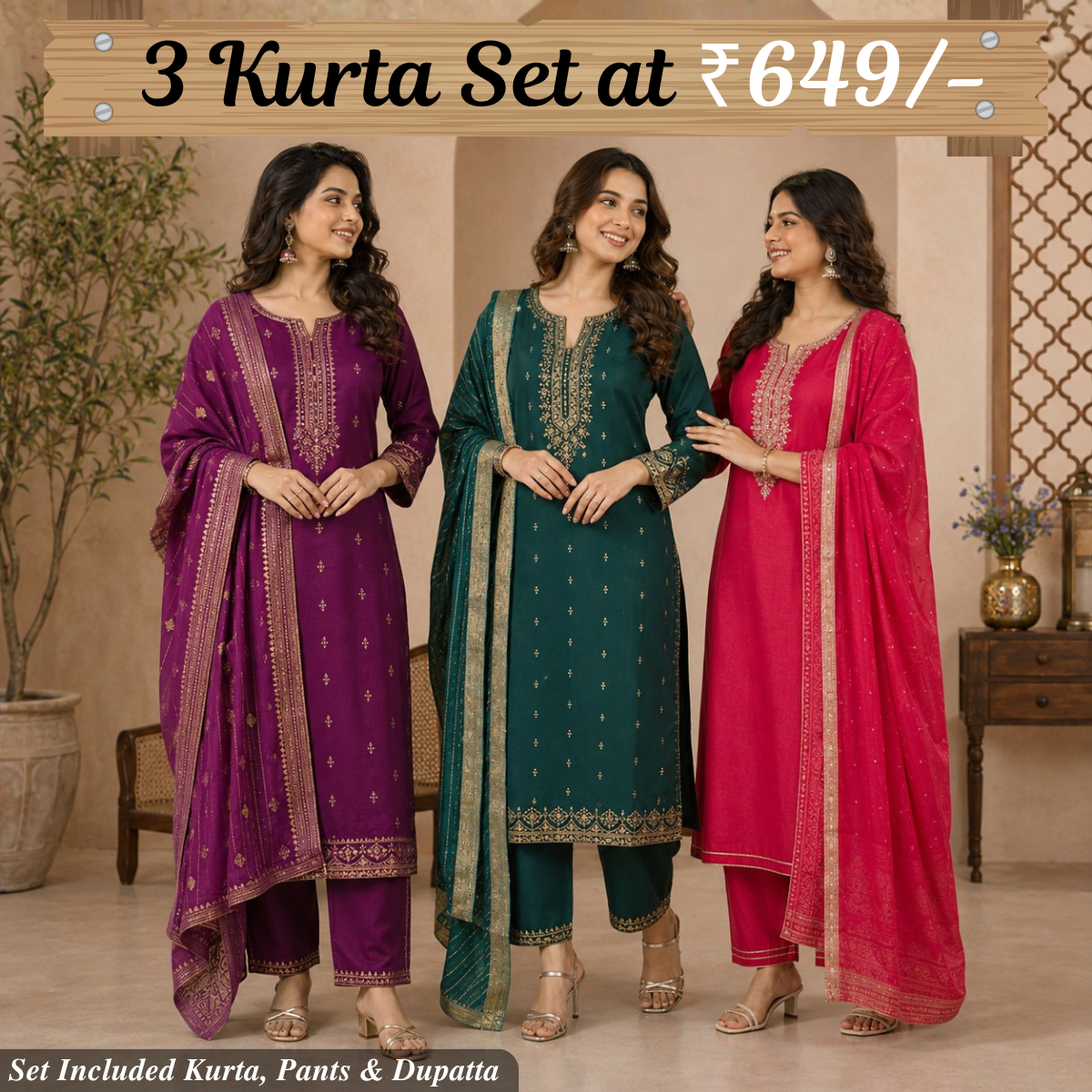 Pack Of 3 Beautiful Cotton Kurta Set with Dupatta (BCK-5)