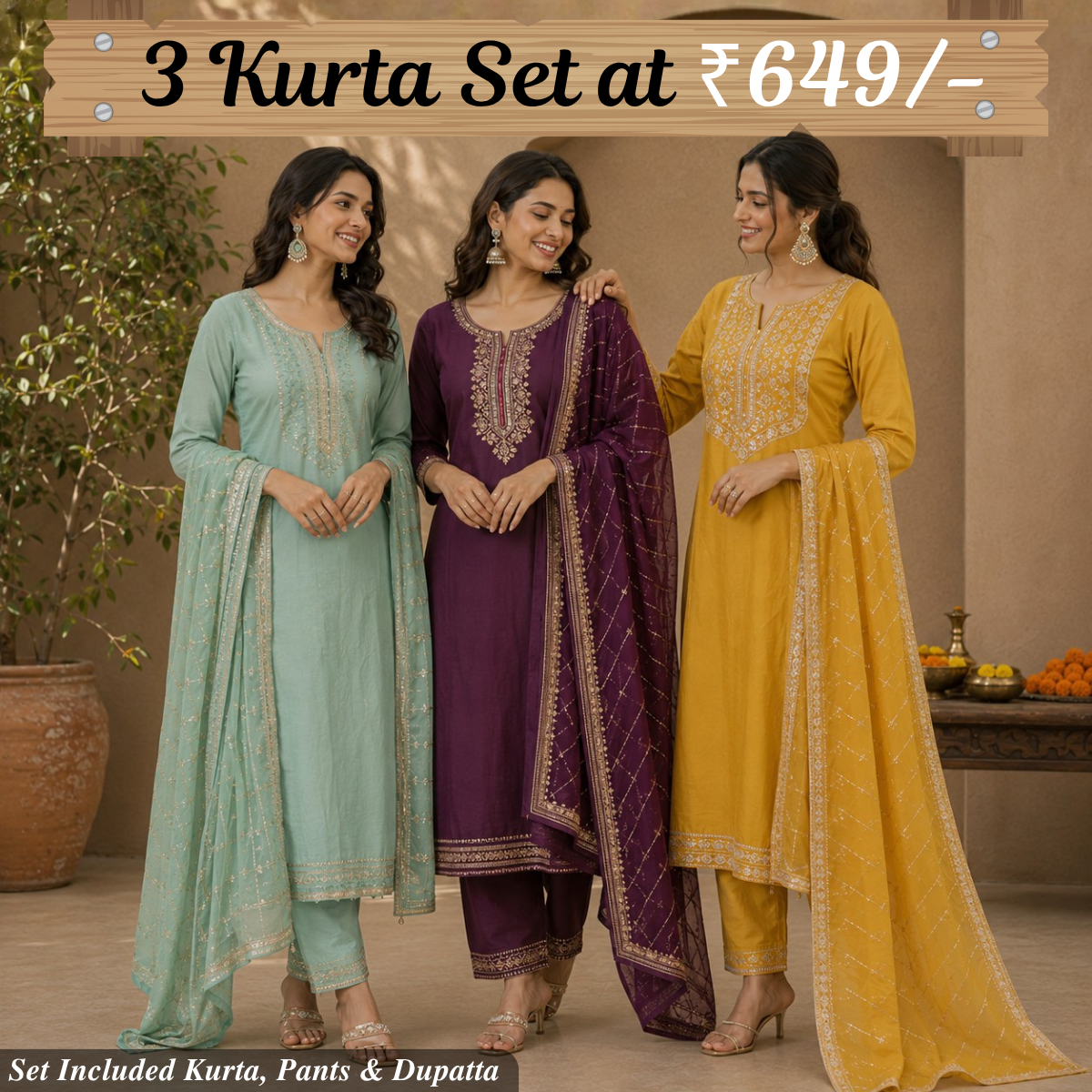 Pack Of 3 Beautiful Cotton Kurta Set with Dupatta (BCK-6)