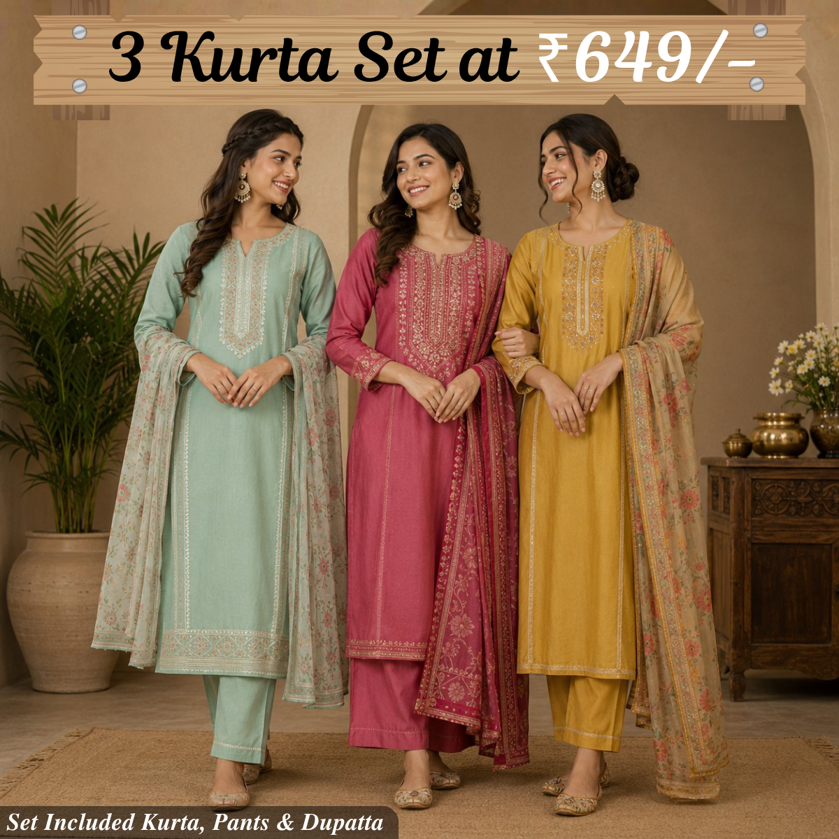 Pack Of 3 Beautiful Cotton Kurta Set with Dupatta (BCK-7)