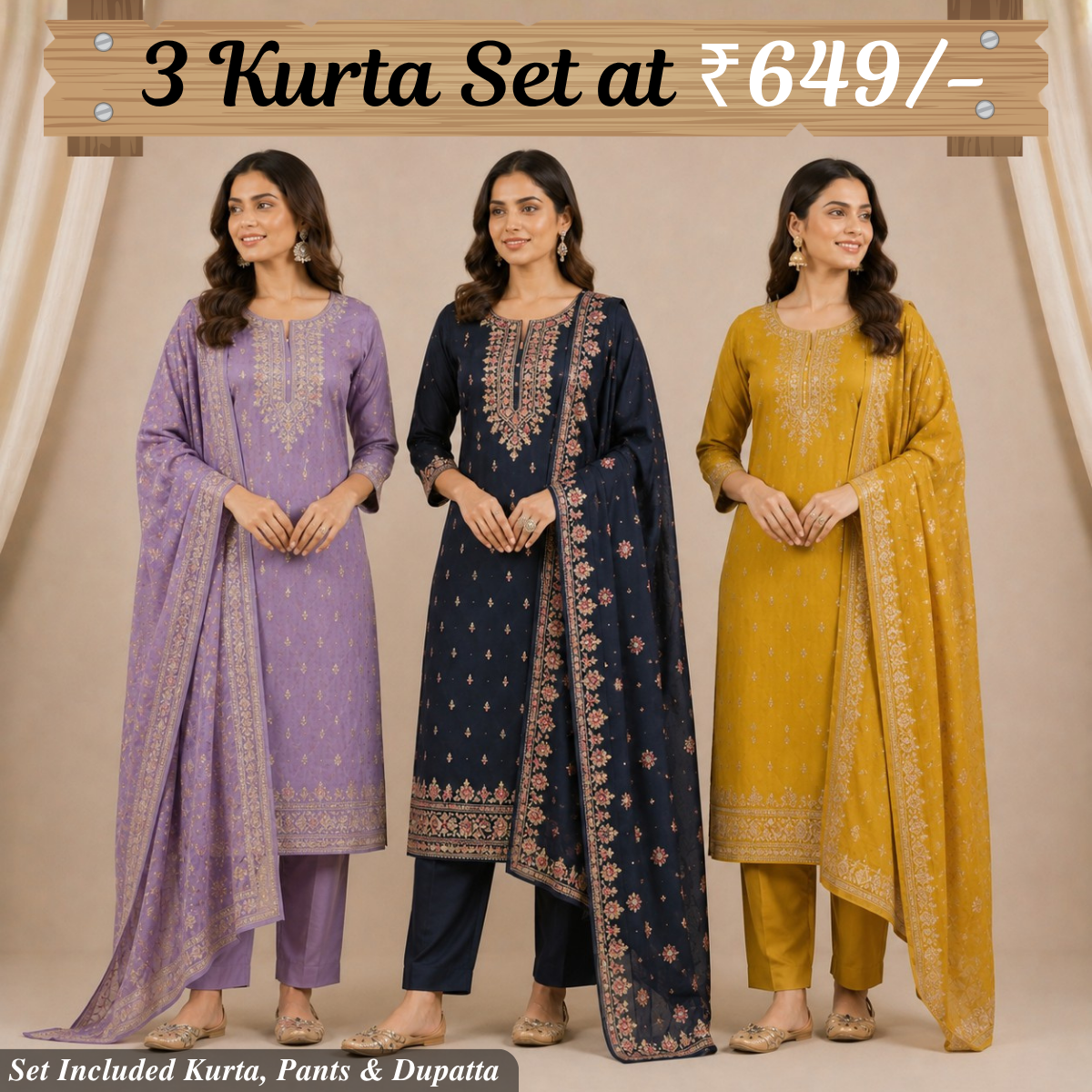 Pack Of 3 Elegant Cotton Kurta Set for Women with Dupatta (KBK-2)