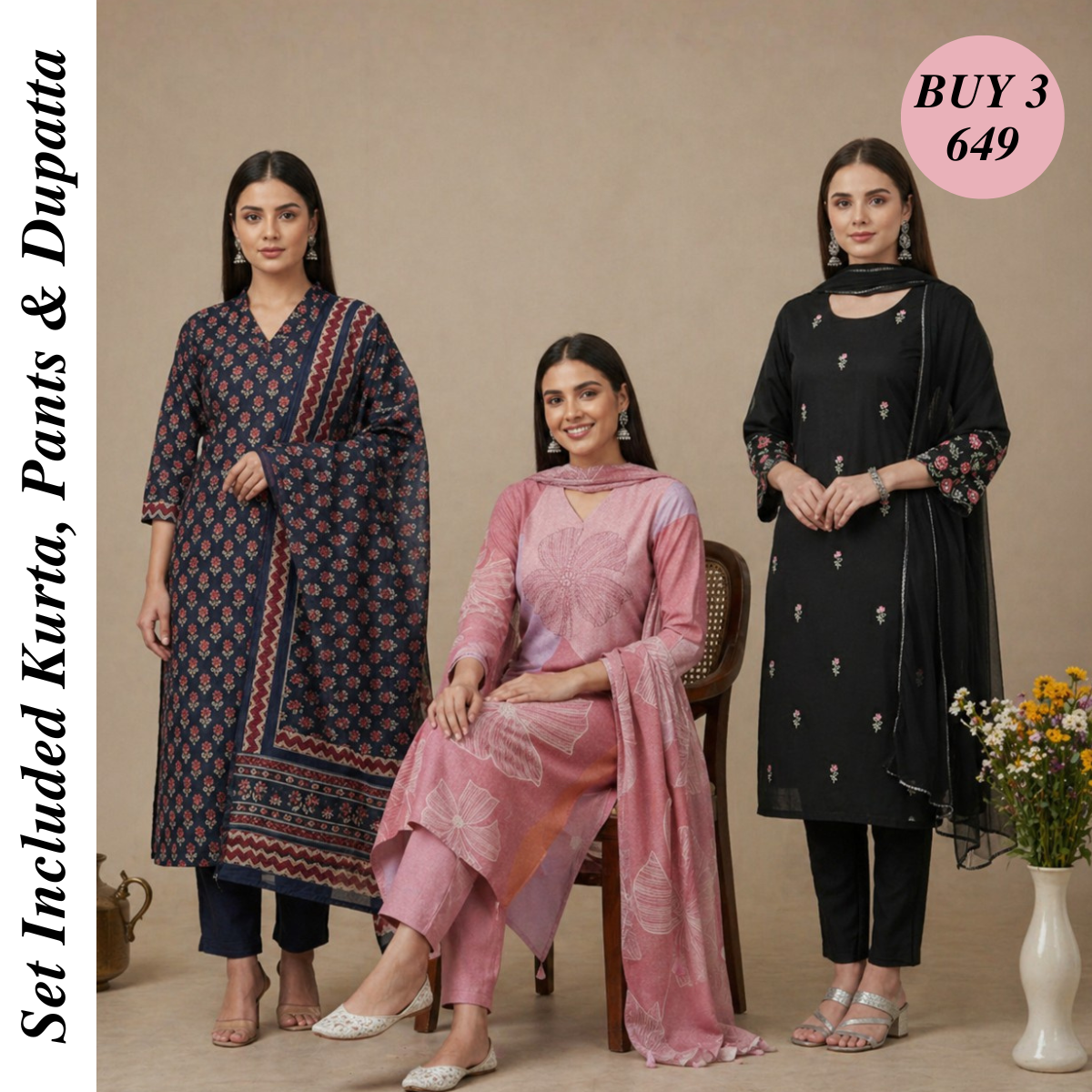 Pack Of 3 Cotton Elegant Ethnic Kurta Set with Dupatta for Women (CK-02)
