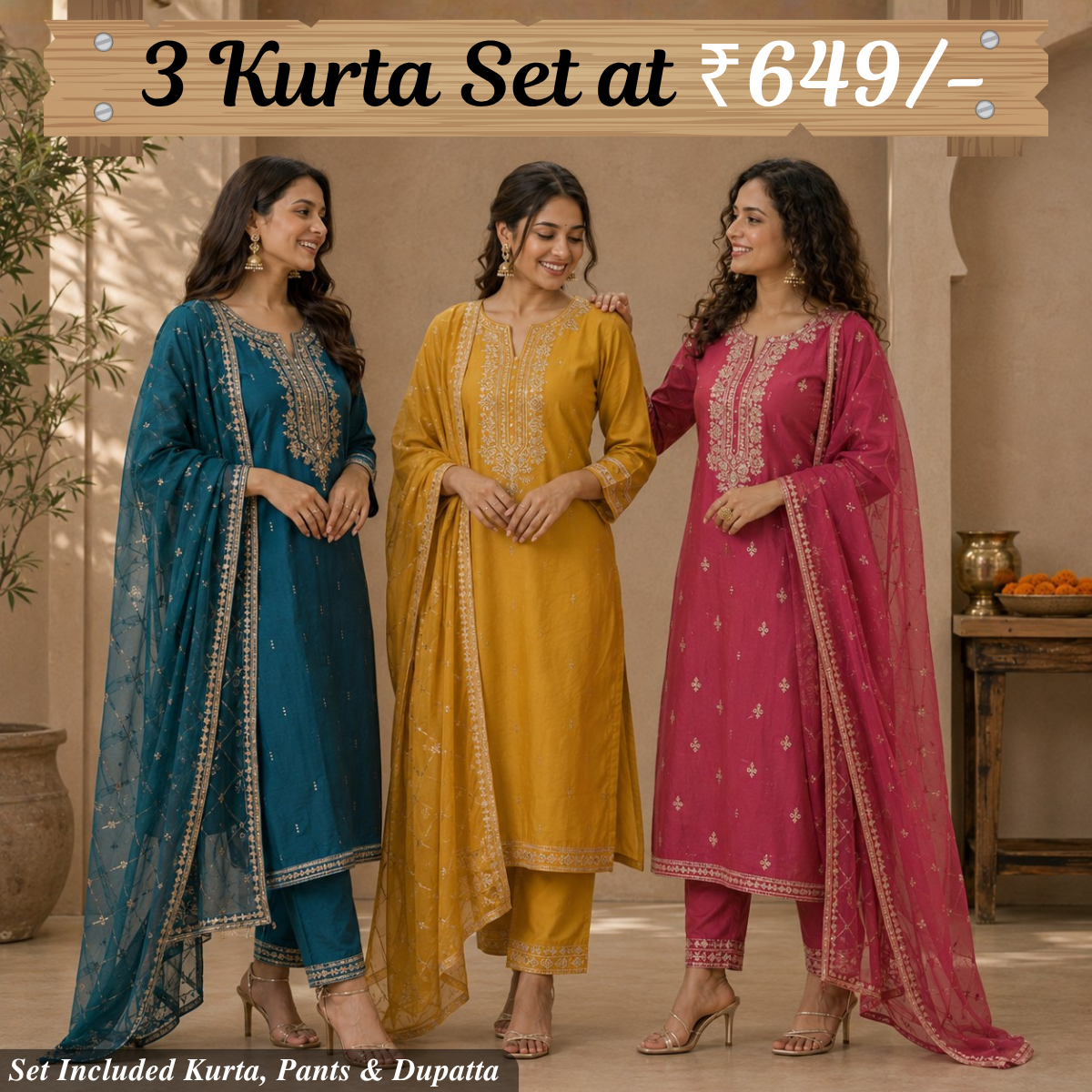 Pack Of 3 Beautiful Cotton Kurta Set with Dupatta (BCK-8)