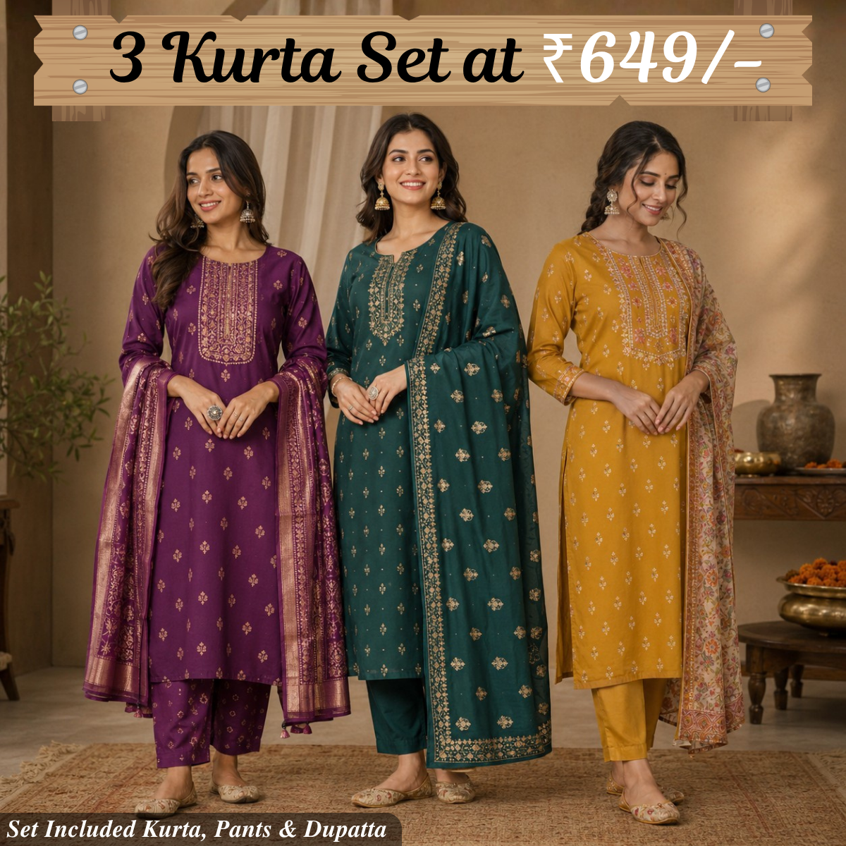Pack Of 3 Beautiful Cotton Kurta Set with Dupatta (BCK-9)