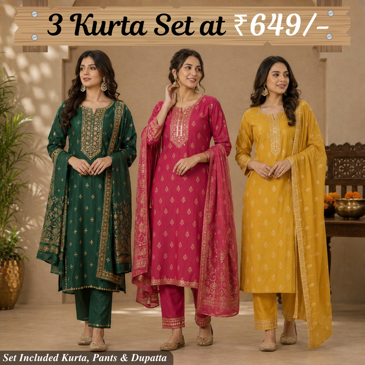Pack Of 3 Beautiful Cotton Kurta Set with Dupatta (BCK-10)