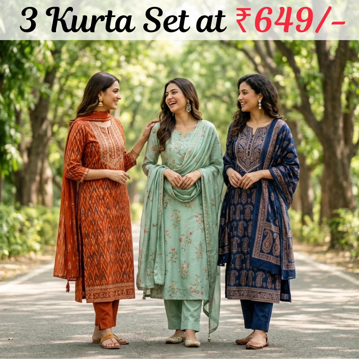 Pack of 3 Women’s Designer Kurta Sets – Ethnic Kurta Pant Dupatta Set for Women (P3K-18)