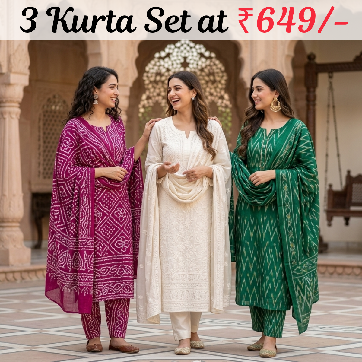 Pack of 3 Women’s Designer Kurta Sets – Ethnic Kurta Pant Dupatta Set for Women (P3K-19)