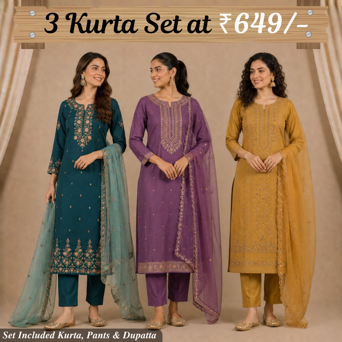 Pack Of 3 Elegant Cotton Kurta Set for Women with Dupatta (KBK-3)