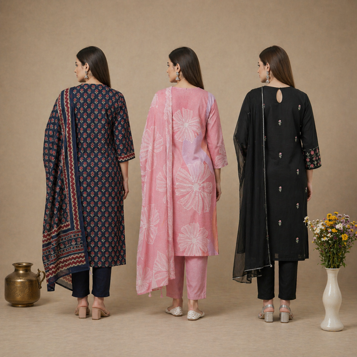 Pack Of 3 Cotton Elegant Ethnic Kurta Set with Dupatta for Women (CK-02)