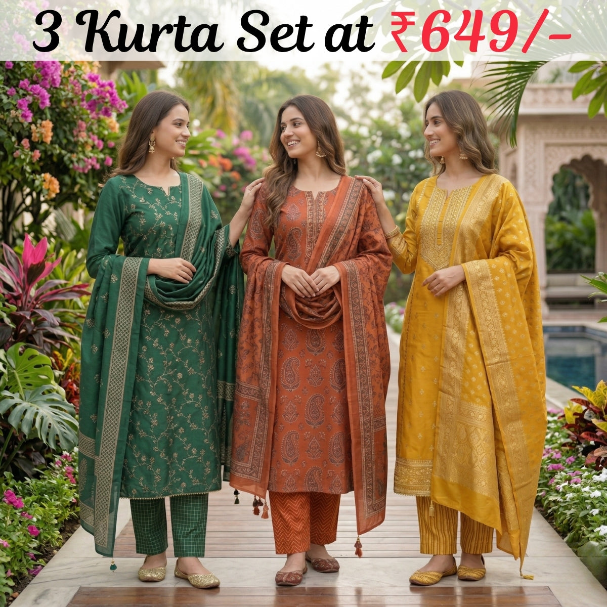 Pack of 3 Women’s Designer Kurta Sets – Ethnic Kurta Pant Dupatta Set for Women (P3K-3)